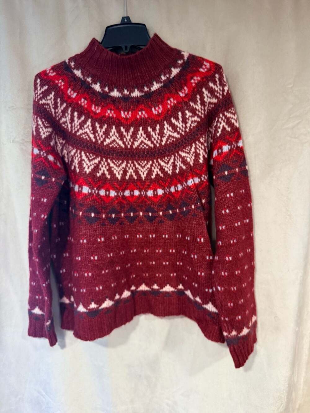 American Eagle Fair Isle Mock Neck Sweater Size L Maroon Winter Long Sleeve